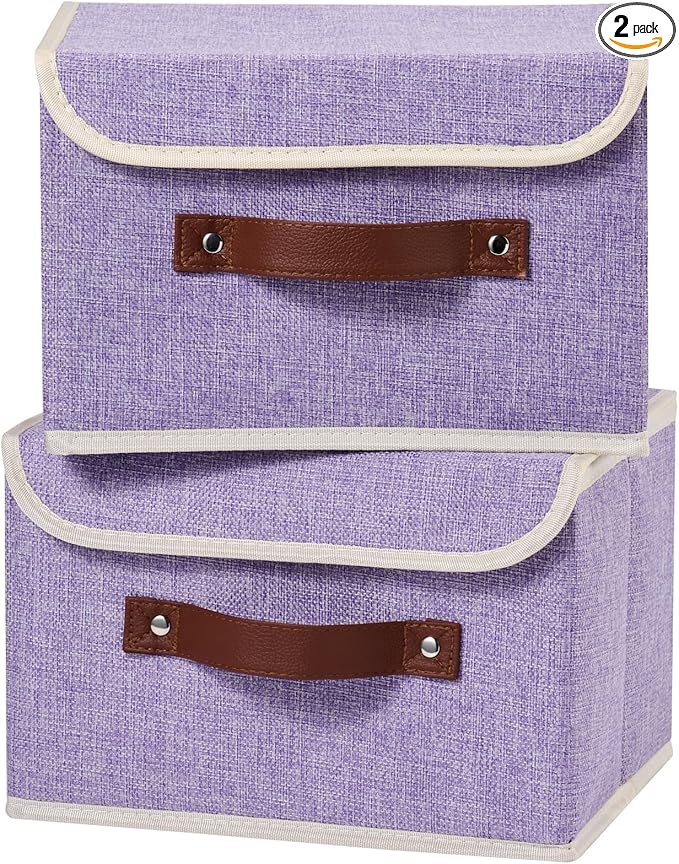 2PCS Storage Boxes with Lid Cotton Linen Fabric Storage Bins Organizer Container Decorative Collapsible Washable Shelf Closet Baskets Faux Leather Handles Home Bedroom (Purple, Small)