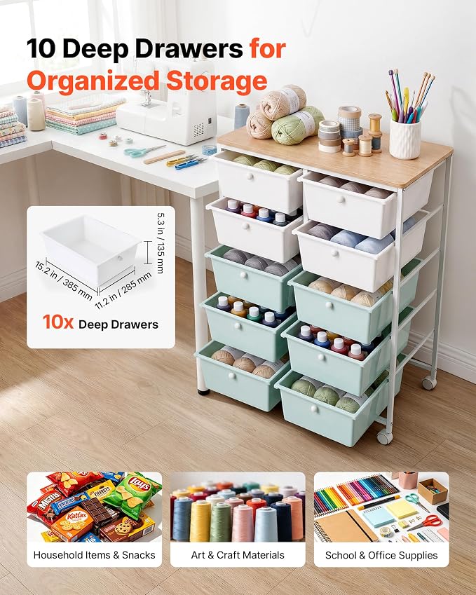 VEVOR Rolling Cart with Drawers, Double Row 10 Drawer Storage Organizer, Mobile Utility Cart, Wood Top, Steel Frame, Universal Casters & 2 Brakes, for Office, Classroom, Craft Room, Studio, Blue White