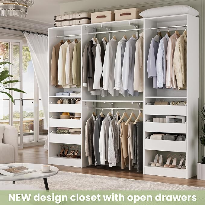 5FT Closet System with 3 Half-Open Wooden Drawers, 60'' Closet Organizer System with 2 Reversible Hanging Rods and Big Wing Shelf, 80" Tall Wall Mounted Wardrobe for Walk-in Closets, White
