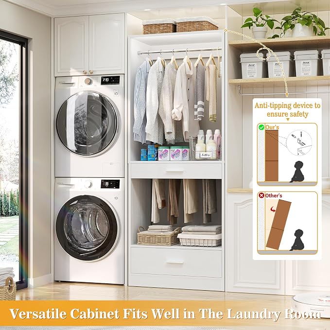 Homieasy Closet System Organizer with Hanging area, Pants Rack & Drawer – Expandable & Sturdy Modular Closet Storage Unit, Customizable Wardrobe Organizer for Bedroom or Walk-In Closet, White