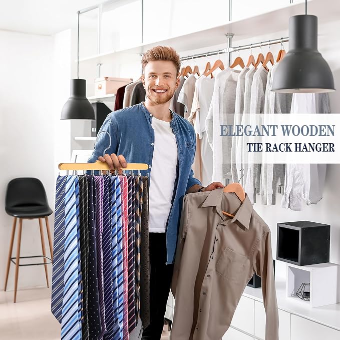 Tie Rack Hanger for Closet, Upgraded Tie Holder Organizer for Men, Wooden | Non Slip Neck Tie Organizer with 20 Foldable Hooks, Belt Hanger Space Saving, Fits for Tank Tops Bras Cami Scarves