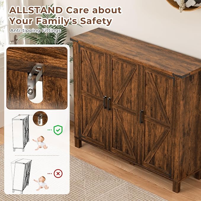 ALLSTAND 5-Tier Shoe Storage Cabinet, Farmhouse Shoe Rack Organizer Cabinet with 4 Adjustable Shelves & Side Cabinets, Freestanding Shoe Cabinet Storage with Anti-tip Fitting for Entryway, Brown