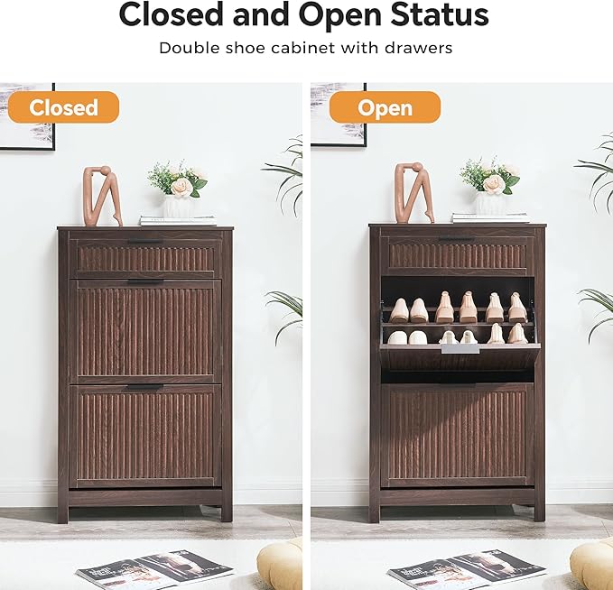 2 Flip Drawers Shoe Cabinet Storage for Entryway, Narrow Hidden Shoes Organizer for Front Door Entrance, Free Standing Shoes Cabinet Wooden Hallway Shoe Rack(Brown)