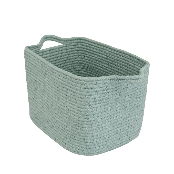 XUANGUO Woven Cotton Rope Storage Basket with Handles 13x10x9 inch Green | Woven cotton rope basket for shelves and closets. Perfect for toys, books, clothes, nursery storage and gift baskets