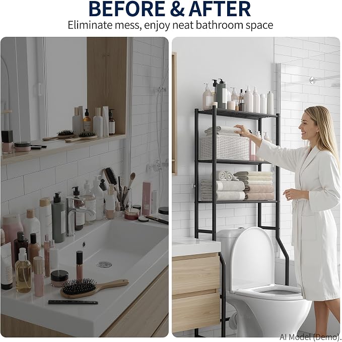 GloTika 3-Tier Over Toilet Storage Rack, Metal Over Toilet Bathroom Organizer Shelf, Freestanding Space Saver Storage Shelves for Bathroom/Laundry/Living Room (Black)
