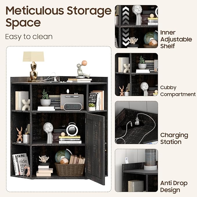 Halitaa Corner Storage Cabinet, Farmhouse Corner Bookshelf with Storage 6-Cubby Wooden Cabinet with USB Ports and Outlets Industrial Organizer for Small Space, Study, Playroom, Living Room