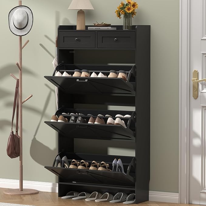 Thacuok Shoe Cabinet with 3 Flip Drawers & 2 Storage Drawers, Rustic Farmhouse Narrow Shoe Organizer Cabinet, Slim Shoe Rack Cabinet, Shoe Storage Cabinet for Entryway, Hallway, Front Door