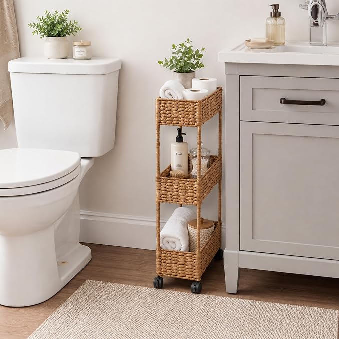 Casafield 3-Tier Slim Rolling Storage Cart - Cinnamon, Water Hyacinth Utility Cart for Bathroom, Craft Room, Nursery, Laundry Room Organization