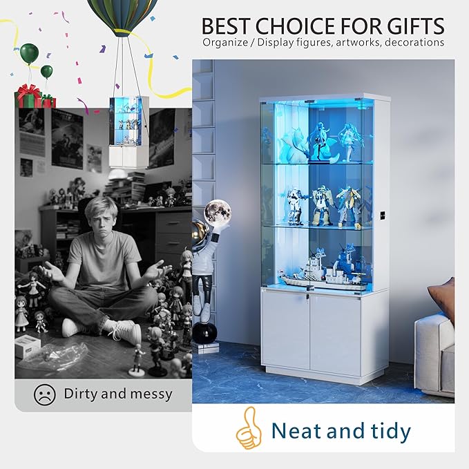 Lvifur 71” Glass Display Cabinet with Lights, Modern Curio Cabinet Display Cases for Collectibles, Locking Cabinet with Shelves & Drawers, Tall Bookcase with Human Body Sensor for Living Room (White)