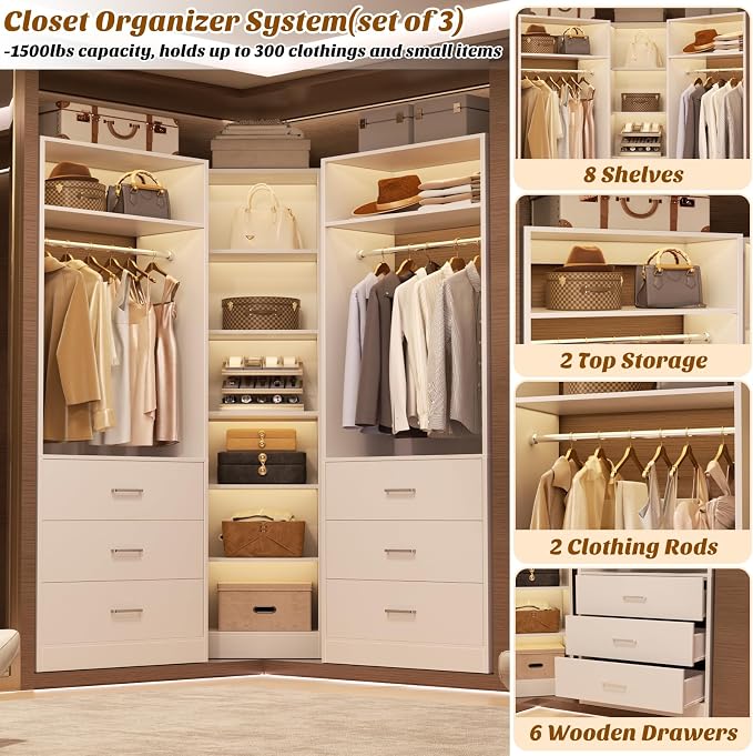 Besiost Closet System with 6 Drawers & 10 Shelves, Corner Closet Organizer System, Reversible Walk-in Closets, (L-Shaped 31.5" L * 31.5" W / I-Shaped 62.9" L * 15" W), Load 1500+LBS, White