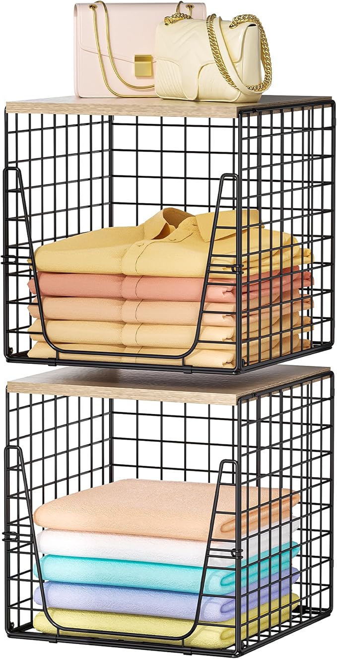 SWTYMIKI 2PCS Closet Organizers and Storage - Stackable Closet Basket with Wood Top Shelf, Clothes Storage Shelves, Clothes Drawer Bins for Wardrobe, Bedroom, Entryway, Black