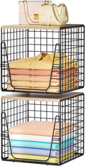 SWTYMIKI 2PCS Closet Organizers and Storage - Stackable Closet Basket with Wood Top Shelf, Clothes Storage Shelves, Clothes Drawer Bins for Wardrobe, Bedroom, Entryway, Black
