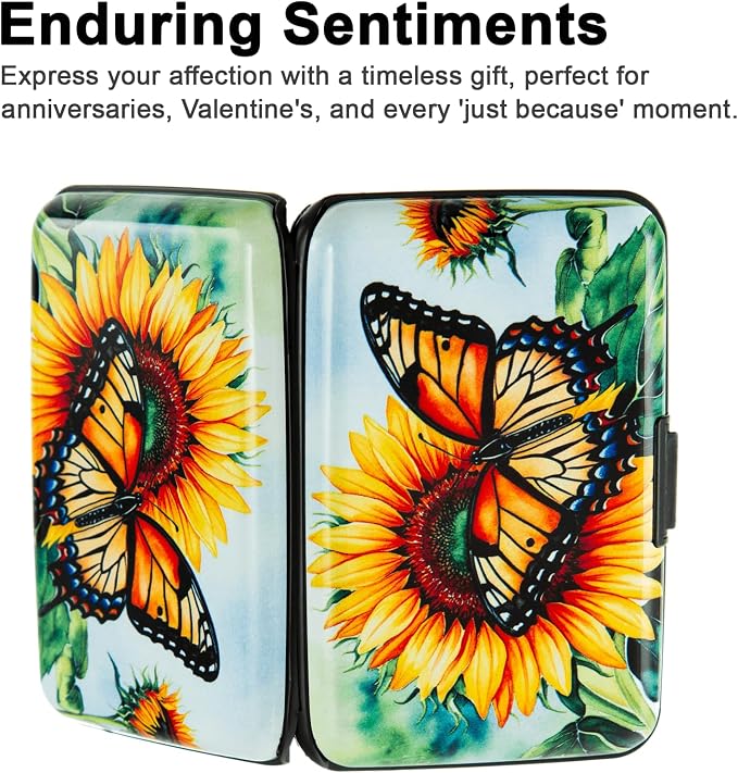 Credit Card Holder for Women Men RFID Blocking Wallet Small Business Metal Slim Mini Aluminum Hard Case (Sunflower Butterfly)