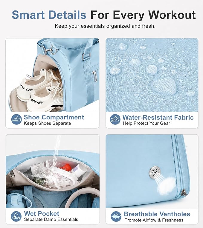 FIORETTO Womens Gym Tote Duffle Bag with Wet Pocket & Shoe Compartment, Sports Duffel Overnight Weekender Hospital Workout Carry on Bag for Girls, Ideal for Travel, Swimming, Dance, Ballet Light Blue