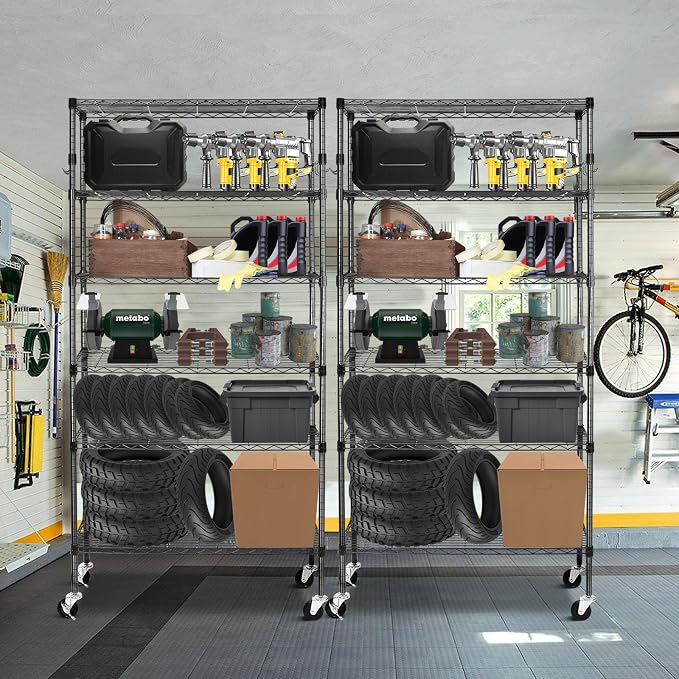 BolDuck 6 Tier Storage Shelves with Wheels, 2100lbs Capacity Heavy Duty Shelving Units, 14x36x75inch Adjustable Metal Shelf Wire Shelving Rack for Garage, Kitchen, Office, Black