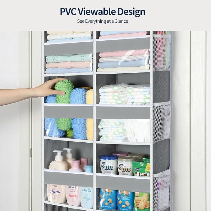 Yecaye Over The Door Organizer, 6 Tier Extra Large Behind Door Storage of 12 Compartments, 80lbs Heavy Duty Door Organizer Hanging with Clear Window for Closet Bedroom Pantry Bathroom, Grey