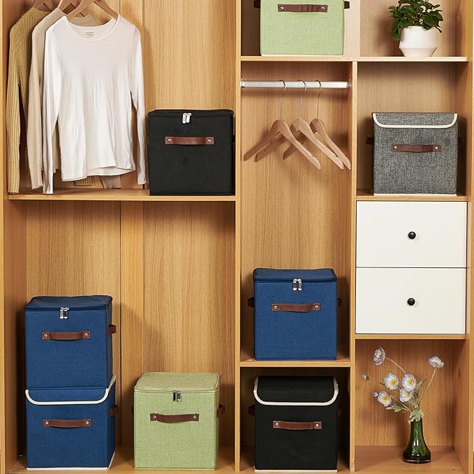 2PCS Storage Cubes with Lid Fabric Storage Bins Boxes PU Leather Handles Cotton Linen Closet Organizer Container Decorative Foldable Washable Shelf Cloth Basket (Zipper Lid, Green, 11in)