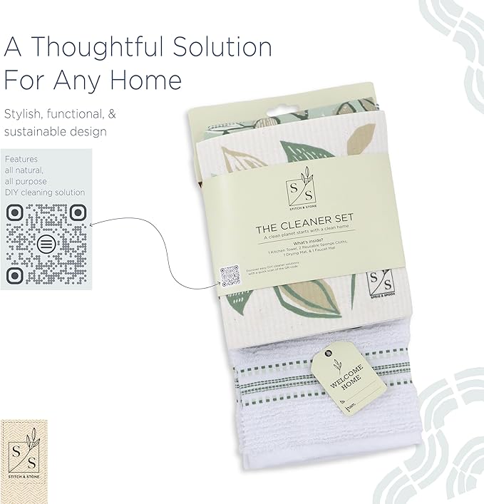 Stitch & Stone Cleaner Set - Perfect for Everday Kitchen Cleaning, 100% Cotton Kitchen Towel, Grip Mat for Dish Drying, Grip Mat for Sink Accessories, & 2 Reusable Dishcloths - Leafy Green
