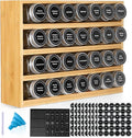 Bamboo Spice Rack Organizer With 28 Glass Spice Jars 4 oz, for Countertop | 780 Labels, 4 Tier Wood Hanging Shelf, Chalk Marker and Funnel Set for Drawer Cabinet Kitchen Wall Mount, Empty 4 oz Jars
