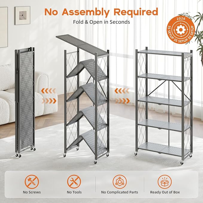 Fenbeli Foldable Shelves with Wheels - 5 Tier Folding Shelf, Collapsible No Assembly Metal Shelving Unit, Origami Storage Shelves & Rolling Storage Rack with 8 Hooks for Kitchen Pantry Garage