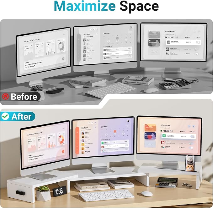 BONTEC Triple Monitor Stand Riser with Smartphone Holder, Adjustable Length & Swivel Angle, Ergonomic Wooden Desktop Organizer for PC Monitor, Laptop, Printer, Large Storage, 53.3 in, White