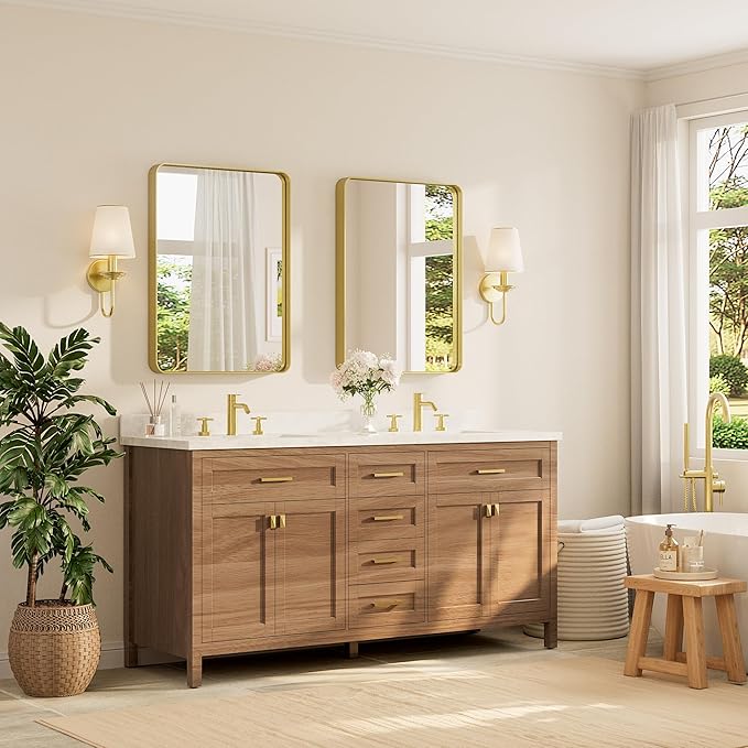 TETOTE Brushed Gold Bathroom Mirror, 24 x 32 Inch Metal Framed Mirror, Brushed Brass Rectangle Wall Mounted Golden Vanity Mirror (Horizontal/Vertical)
