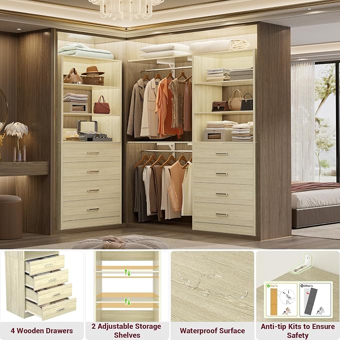 Aheaplus Closet Drawers Organizer System, 3.54FT Wood Closet System with 4 Drawers, Modular Walk-in Closets Storage Unit, Tall Bookshelf Storage Cabinet, White Oak (2 Packs)
