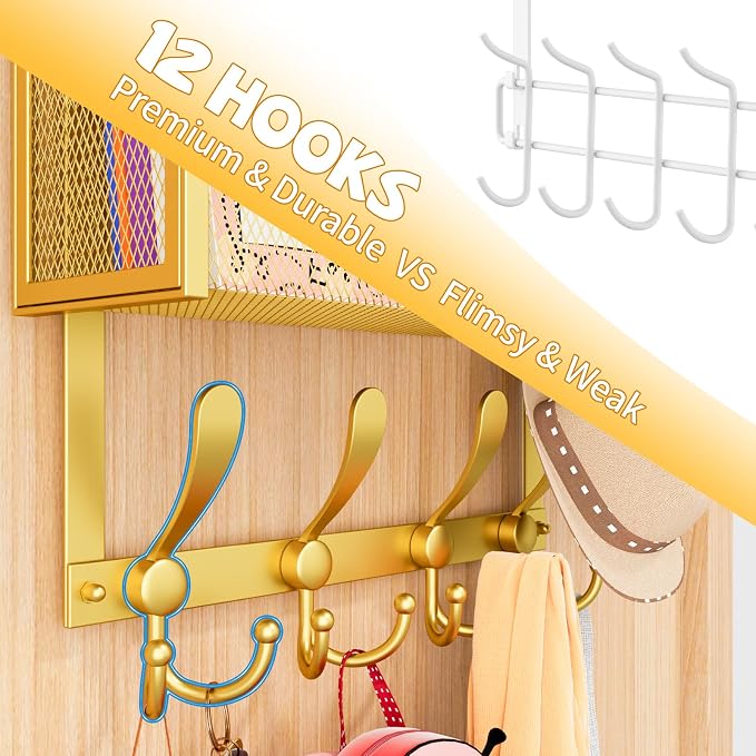Kaiferty Over The Door Hooks Organizer, Coat Rack Over The Door Storage Hanger Towel Rack, Back of Door Storage Organizer for Bathroom,Bedroom,Kitchen,Office (Gold, 4-Tier)