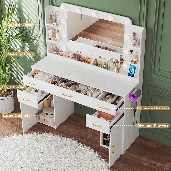 45.5" Vanity Desk with Mirror and Lights, Makeup Vanity with Lights 3 Models Settings & Power Outlet, Vanity Desk with 5 Drawers, 2 Cabinets, Shelves, Makeup Vanity for Bedroom, Antique White