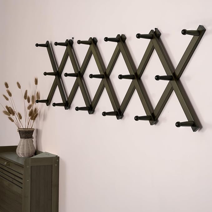 SKOLOO Hat Rack for Wall with 17 Hooks, Solid Wooden, Modern, Expandable Coat Rack Wall Mount for Coats, Hats, Bags, Baseball Caps, Dark Walnut Color