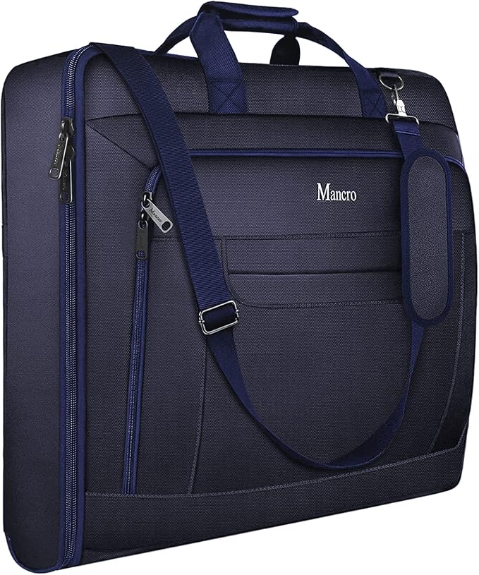 Mancro Carry On Suit Garment Bags, Travel Luggage Bag for Men Women, Blue | Waterproof Foldable Garment Bag with Hanging Compartment to Help Reduce Wrinkles, Suit Bag with Adjustable Shoulder Strap