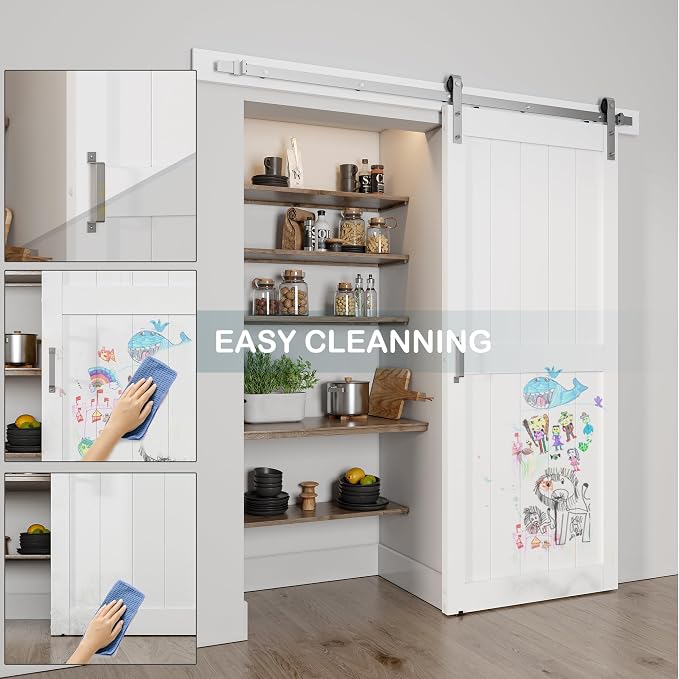34''x84'' Sliding Barn Door with 6 Ft Brushed Nickel Hardware Kit | Pre-Drilled Holes Easy Assembly - Include Installation Manual, Water-Proof PVC Surface, H-Frame, White