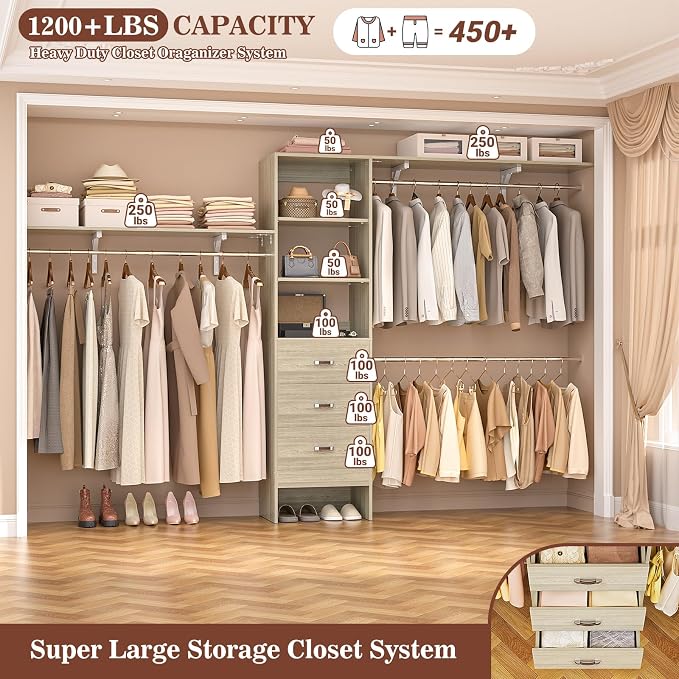 Armocity 120 Inches Closet System, 10FT Walk In Closet Organizer with 2 Shelving Towers, Heavy Duty Clothes Rack with 3 Drawers, Built-In Garment Rack, 120" L x 16" W x 75" H, Load 1300 LBS, White Oak