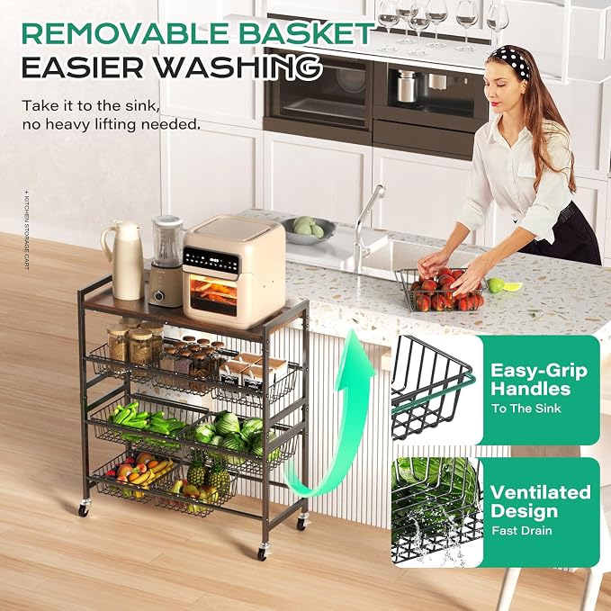 Cinati 4-Tier Utility Kitchen Cart with Wood Top, 29" W Kitchen Storage Cart with 8 Baskets & Handle, Metal Snack Cart with Wheels, Adjustable Pantry Organizer and Storage Cart for Fruit, Vegetables