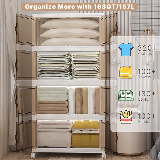UAMFURI Extra Large Stackable Storage Bins with Lids & Wheels, 672QT-168QT/42GAL*4Pack Foldable Collapsible Closet Organizers Storage Cabinet with Doors for Bedroom Dorm
