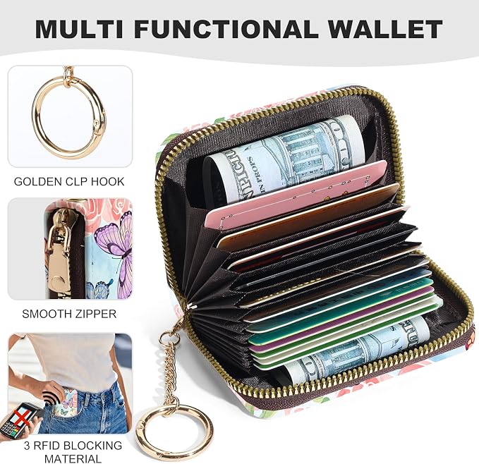 Credit Card Holder for Women,Small Rfid Wallet with Keychain Zipper,Cute PU Leather Card Case Wallet，Accordion Credit Card Wallets Gift,Pink Flowers and Butterflies