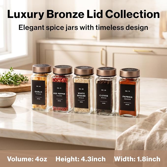 EDELHAUS Glass Spice Jars with Label, 24x Champagne Bronze Steel Lids | Airtight Lids keep spices fresh, Kitchen Spice Drawer Organizer, 4oz Seasoning Containers incl. Funnel, Brush & 240 Labels
