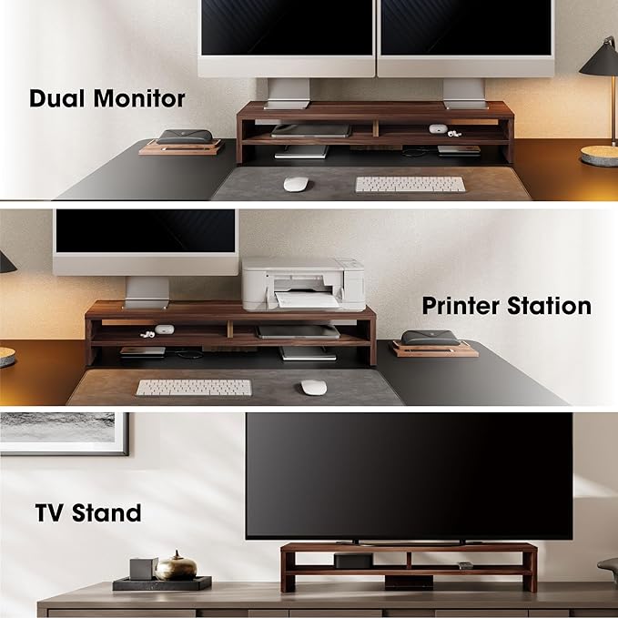 Fenge 31.5 Inch Dual Monitor Stand Riser for Desk, Brown | Wooden Desk Shelf, 2-Tier Open Storage Compartment, for PC Laptop Screen Printer, Home Office Desktop Organizer
