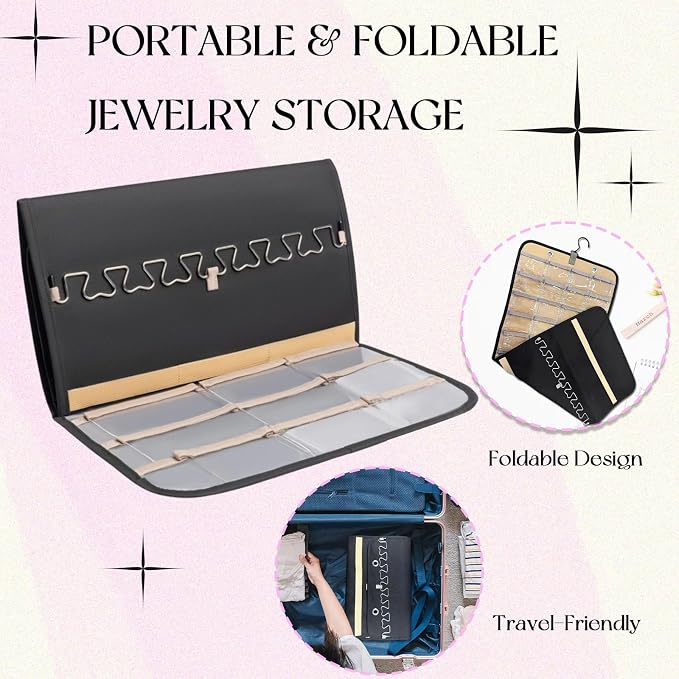 Jewelry Hanging Organizer, Oxford Fabric Jewelry Holder with Pockets & Metal Hooks, Wall Mount Door Hanging Storage for Necklaces, Earrings, Bracelets, Large Travel Closet Organizer for Women