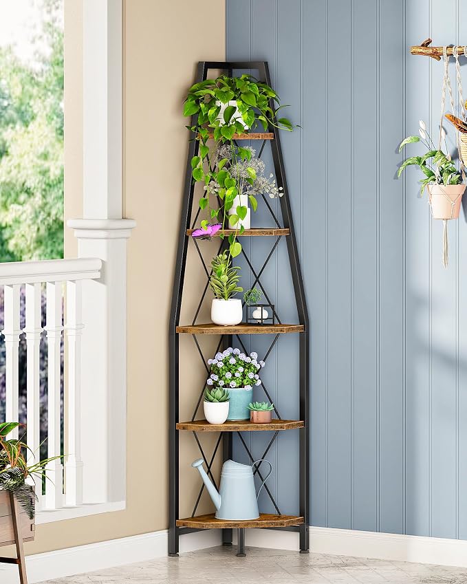 CHOEZON 5-Tier Corner Shelf, Corner Bookshelf, Ladder Shelf, Floor Standing Storage Rack, Open Display Stand, Plant Stand, for Living Room, Bedroom, Study, Bathroom, Rustic Brown and Black TCJ22BF