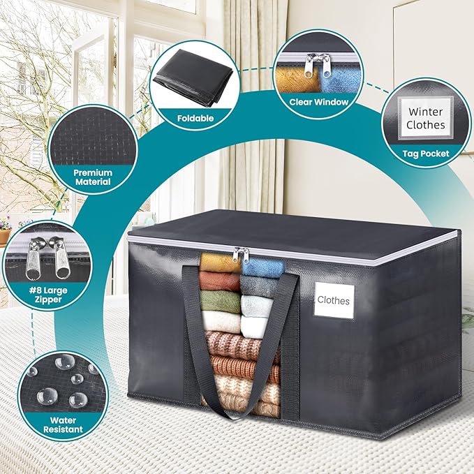 HomeHacks 4 Pack Extra Large Moving Bags with Visual PVC Window & Zippers, Storage Totes with Reinforced Handles, Heavy Duty Storage Bags for Packing, Moving, Storage (125L,Grey)