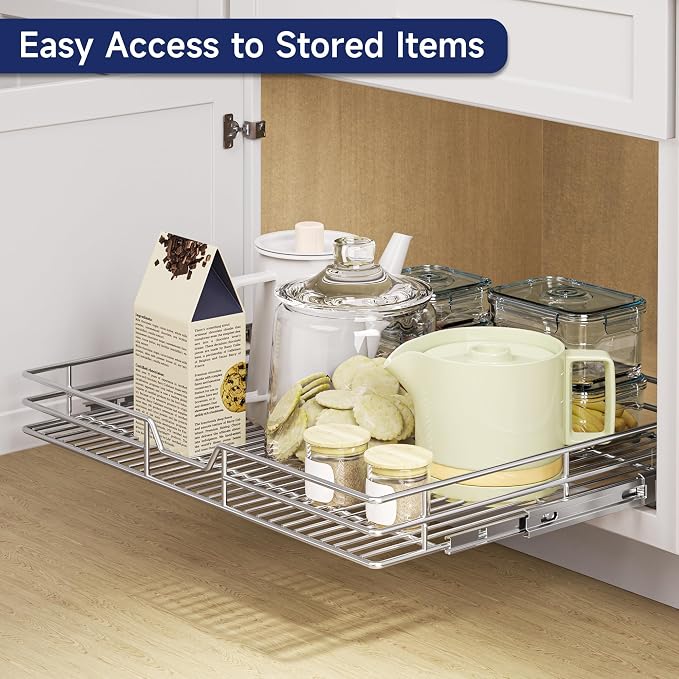 Pull Out Cabinet Organizer, 28.5" W x 21.5" D, Heavy Duty Chrome Slide Out Shelf for Wide Base Cabinets, Sliding Wire Basket Drawer for Pots, Pans, Appliances & Pantry Storage