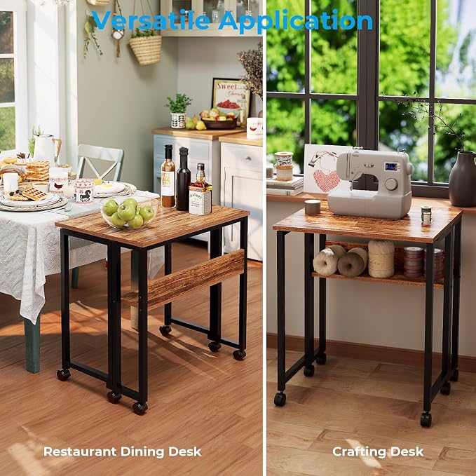 GreenForest Folding Desk with Wheels, 31.5" Rolling Table for Small Spaces | Storage Shelf, Lockable Casters, Compact Portable Workstation, Space-Saving Foldable Sofa Table, Home Office, Mobile, Walnut