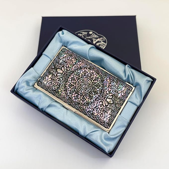 Mother of Pearl Business Card Case Credit Id Name Holder Travel Wallet Art Painting Design Metal Stainless Steel Engraved Slim Purse Pocket Cash Money Wallet (N-Pattern)