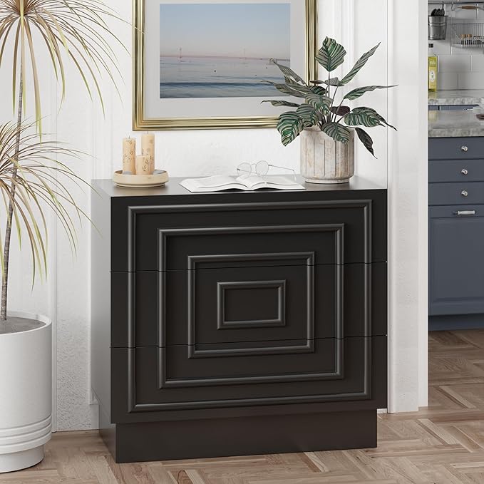 Aoikax Modern 3-Drawer Dresser, Sculptural Mid-Century Drawer of Chest with Geometric Square Pattern, Contemporary Accent Dresser for Bedroom, Living Room, Black