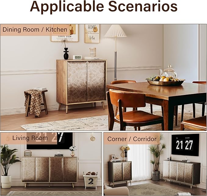 Sideboard Buffet Cabinet with Raised Shaped & Geometric Line Texture Door Panel, Accent Storage Cabinet for Living Room (Cabinet Body- Black Oak, 4 Door-15 D x 61" W x 34.5" H)