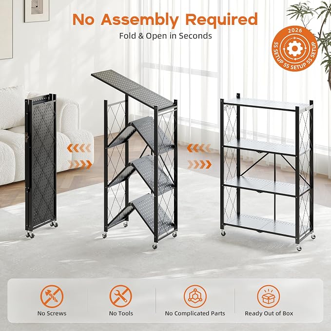 Fenbeli Foldable Shelves with Wheels - 4 Tier Folding Shelf, Collapsible No Assembly Metal Shelving Unit, Origami Storage Shelves & Rolling Storage Rack with 8 Hooks for Kitchen Pantry Garage