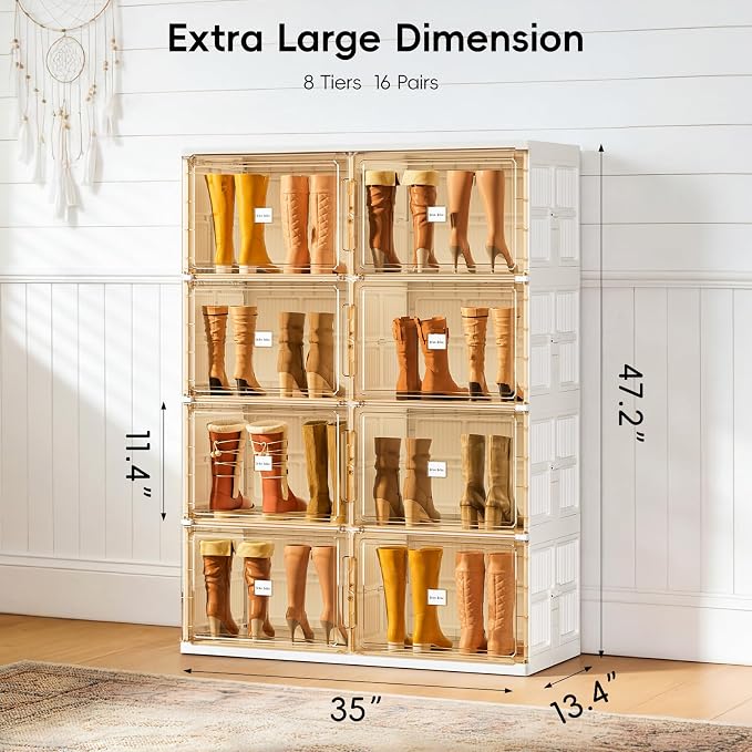 JEKO&JEKO Foldable Boot Storage Cabinet with Magnetic Doors,4-Tier Double-Column Tall Shoe Organizer for Closet & Entryway,Space Saving Shoe Rack for Boots,Fits Up to 16 Pairs, White