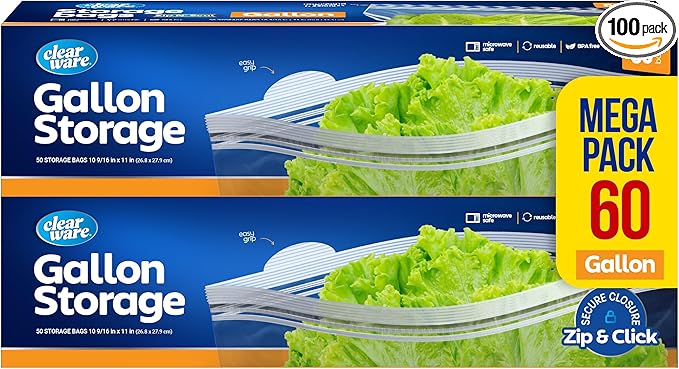 Gallon Storage Bags, Double Zipper Seal - 100 Count, Reusable Thick Food Plastic Storage Bags - Microwave-Safe, Zero BPA - Resealable Containers for Lunch, Snacks, Meals - 2 Boxes