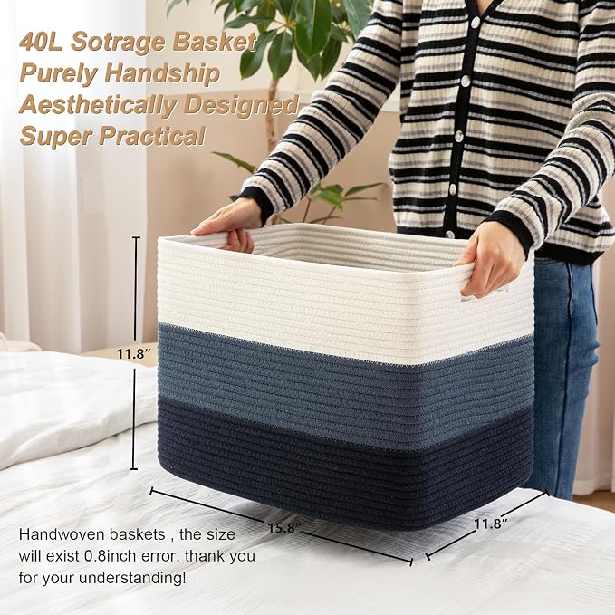 Storage Baskets for Organizing, Large Woven Basket for Shelves, Toy Basket with Handles,Closet Storage for Blanket Living Room, Bedroom, Nursery, 15.8" x 11.8" x 11.8", 2 Pack